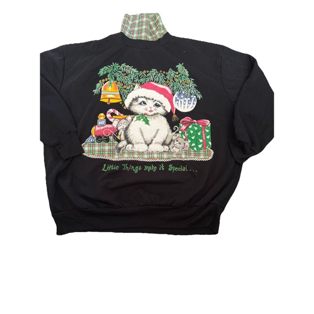 Vintage Nutcracker Cat & Mouse Christmas Plaid Turtle Neck Sweatshirt 90s SZ L